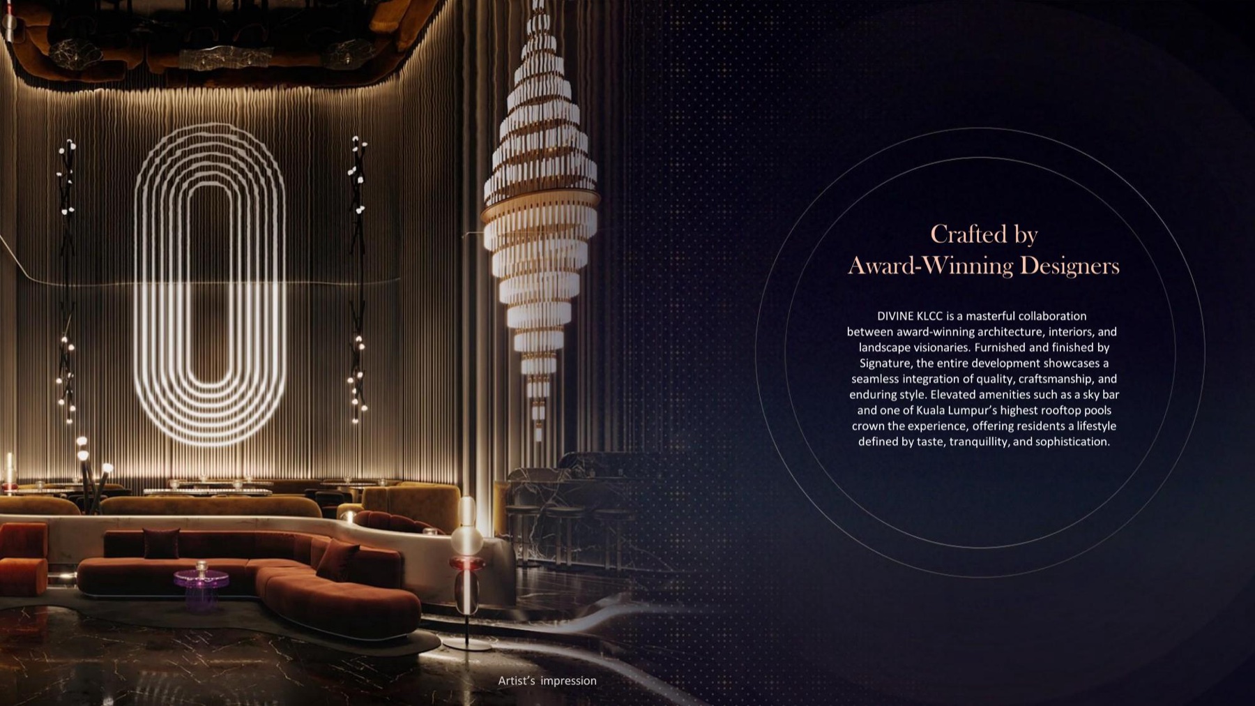 Divine KLCC — digarap oleh pereka pemenang anugerah; lounge pereka dilengkapi Signature (galeri jualan, kesan artis)